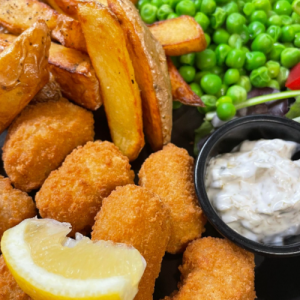 Scampi chips & peas