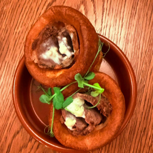 Duo of Yorkshire puds with roast beef and horseradish